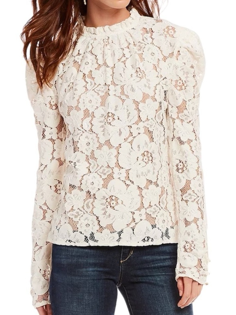 WAYF | Off-White Lace High Collar Top, S